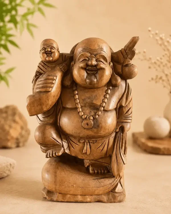 Houten Happy Boeddha beeld met kind 50 cm