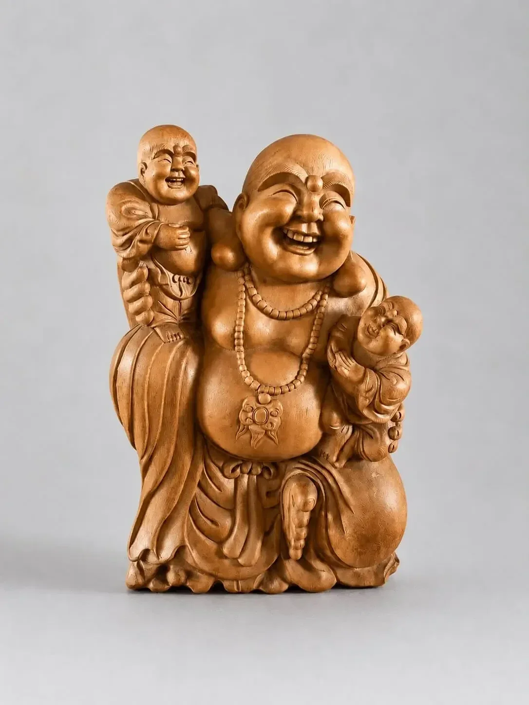 Houten Happy Boeddha beeld met kinderen 47 cm