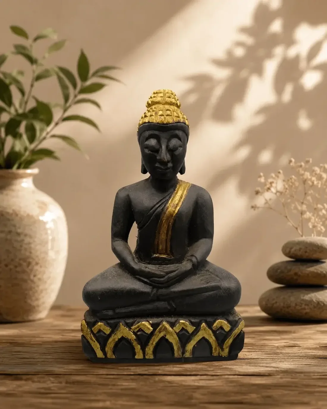 Houten Boeddha met beide handen in de schoot in Dhyana Mudra