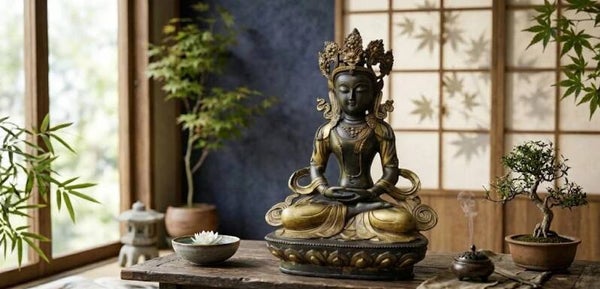 Vintage Amitabha Boeddha Brons 64,5 cm – Grote Tibetaanse Gekroonde Boeddha