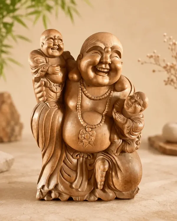 Houten Happy Boeddha beeld met kinderen 47 cm