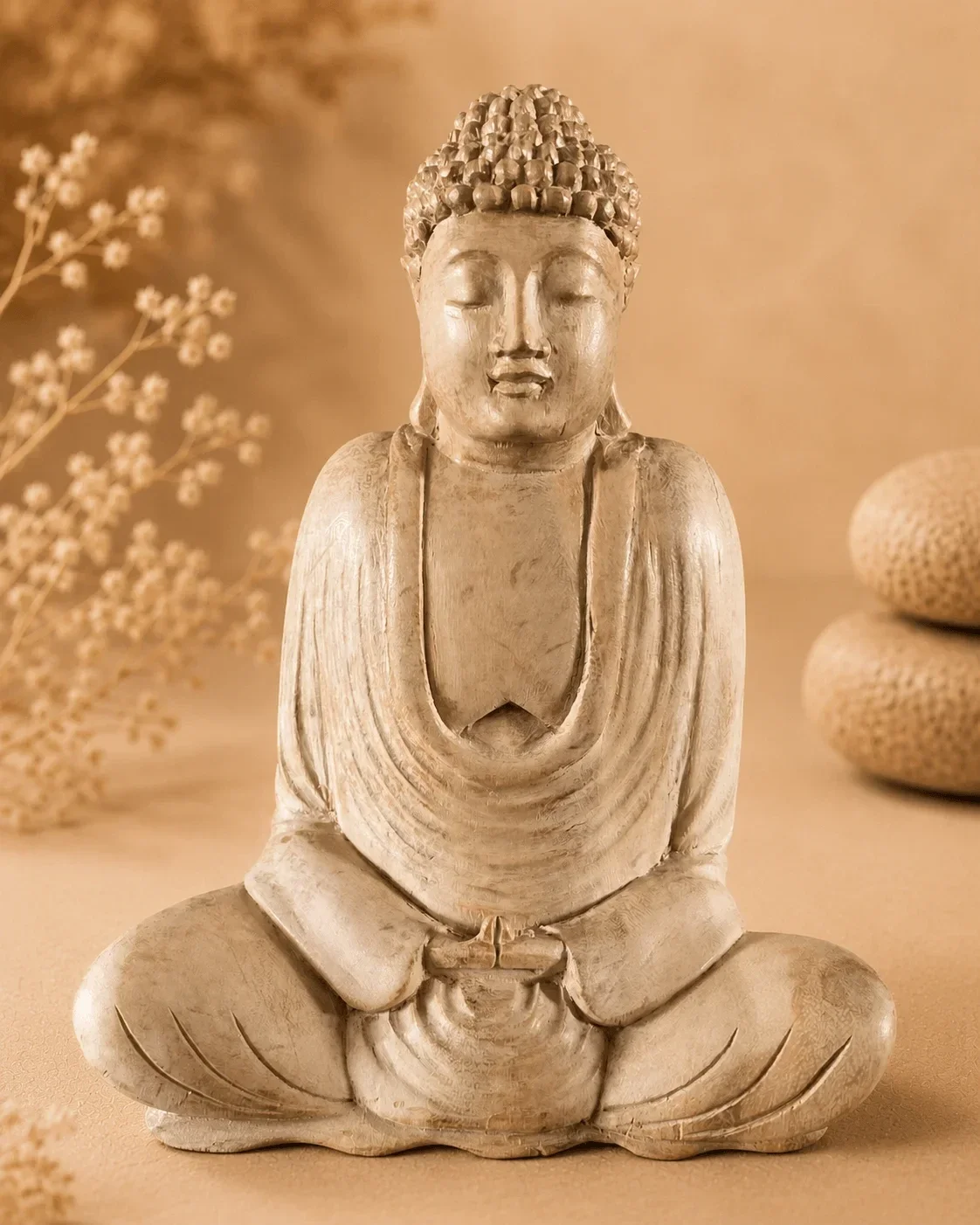Houten Boeddha beeld meditatie wit 21 cm
