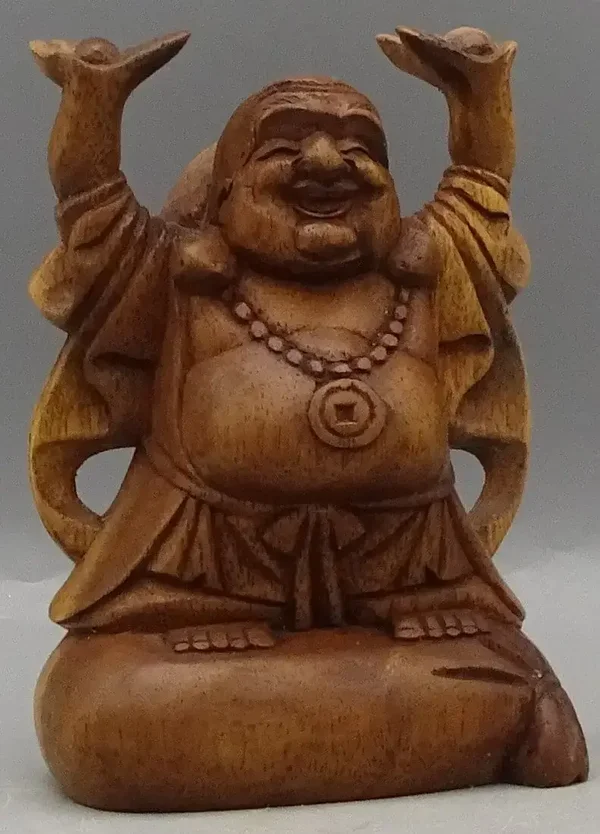 Handgemaakte houten Happy Boeddha uit Indonesië 15 cm
