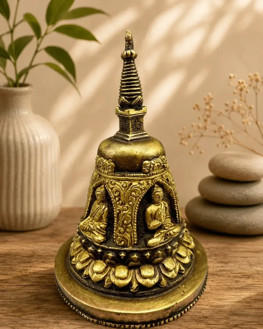 Nepalese bronzen stupa met een Boeddha in Vitarka Mudra