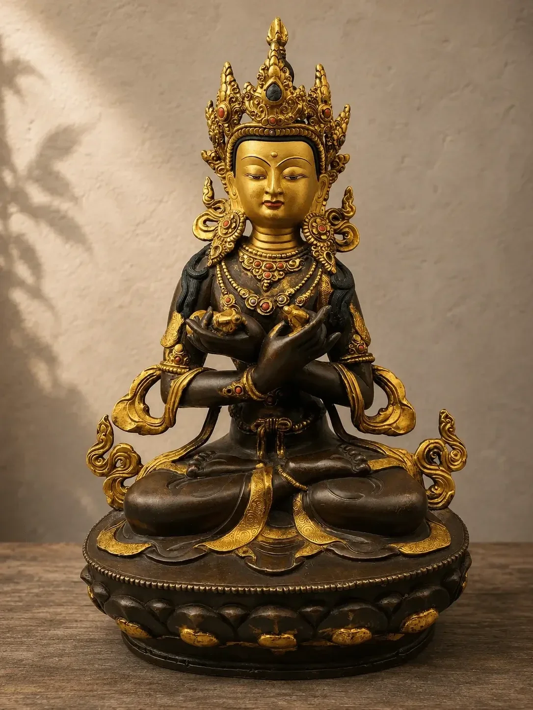 Oud Tibetaans Vajradhara Goldface beeld met gekruiste vajra en rituele bel