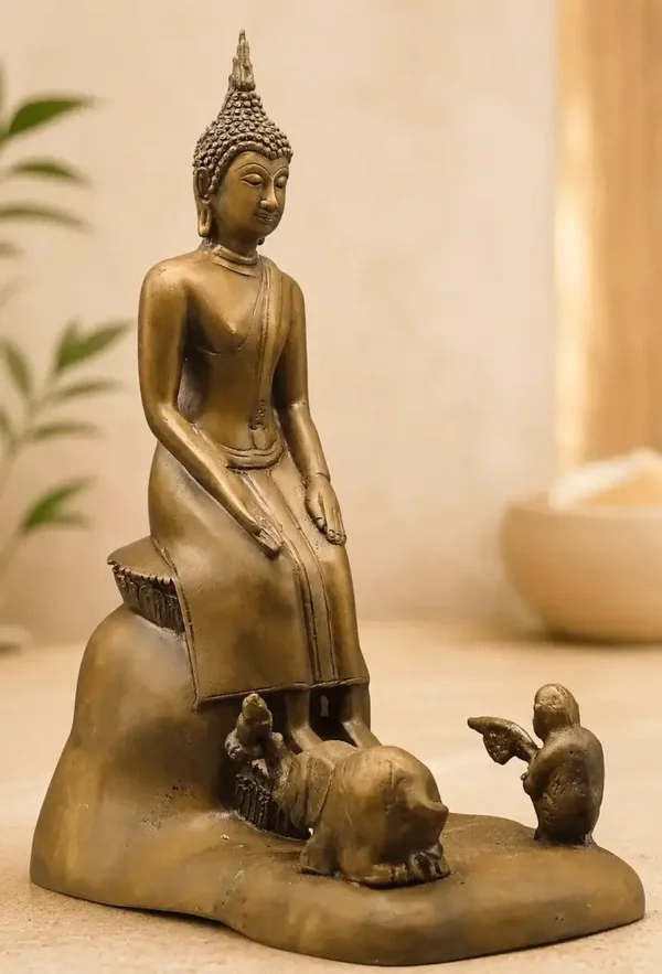 Bronzen Pra Welalai Boeddha met aap en olifant 33,5 cm