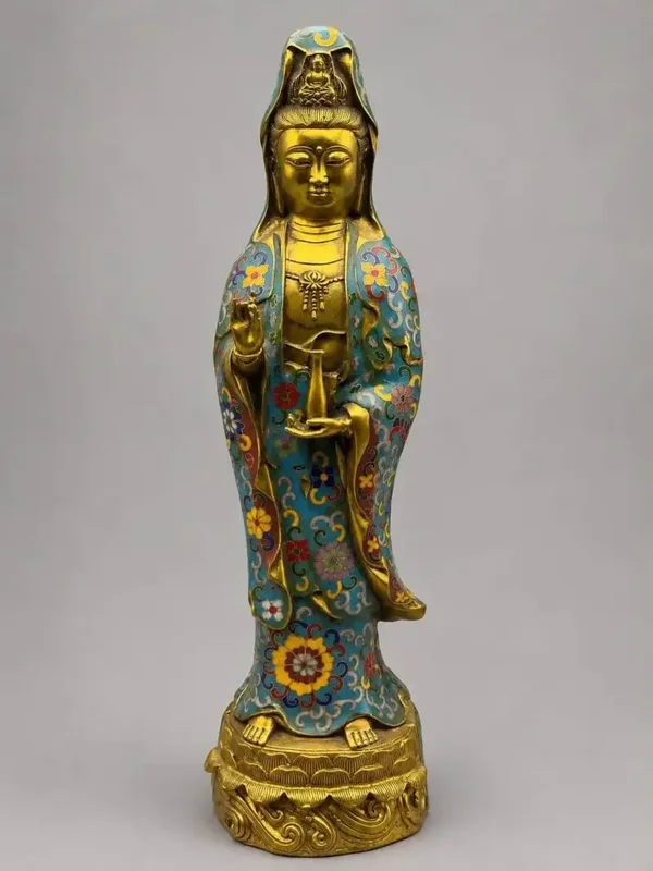 Vintage Guanyin beeld van brons met cloisonné – 43,5 cm