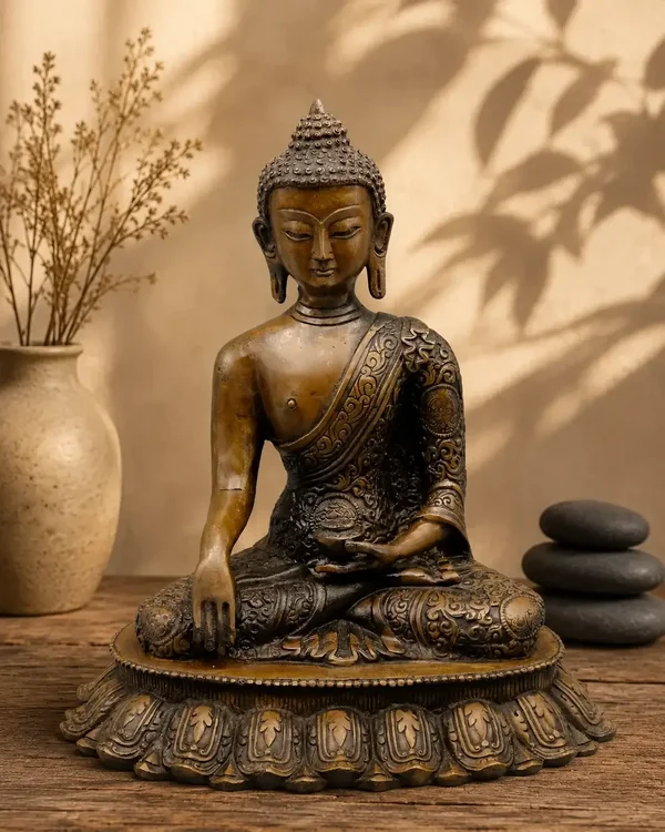 Tibetaanse bronzen Shakyamuni Boeddha met Ashtamangala