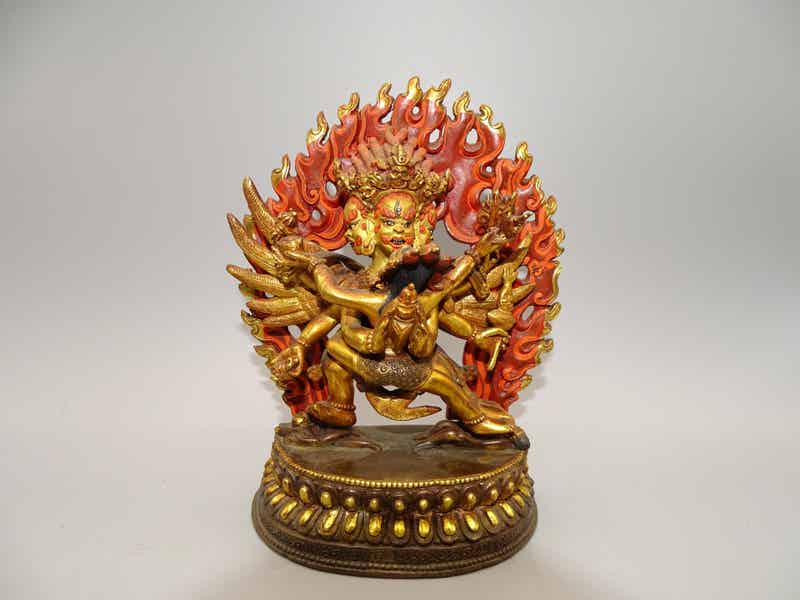 Zeldzaam Bronzen Goldface Beeld Vajrakilaya - Dorje Phurba - Heruka met 24K Goudverf