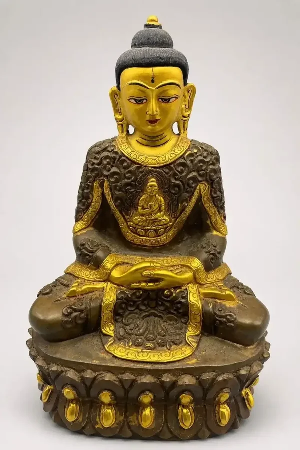 Vintage bronzen Goldface Boeddha uit Nepal – 14 cm