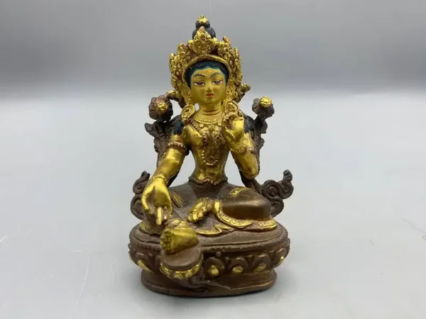 Vintage Goldface Groene Tara beeld uit Nepal 9,5 cm