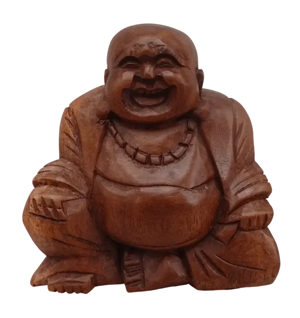 Handgemaakte Zittende Happy Boeddha Suar Hout Goudklomp Indonesië 8 cm