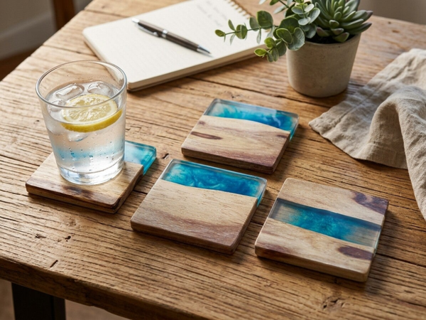 Lot de 4 sous-verres artisanaux en bois et résine époxy bleue – Collection « Rivage »