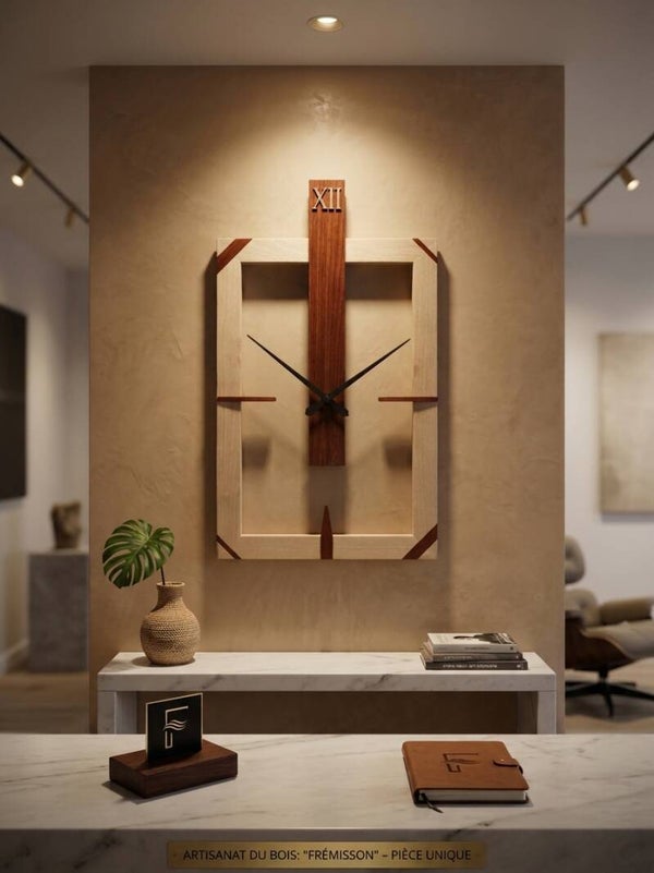 Pendule murale design « Frémisson » – Pièce unique en Hêtre et Padouk