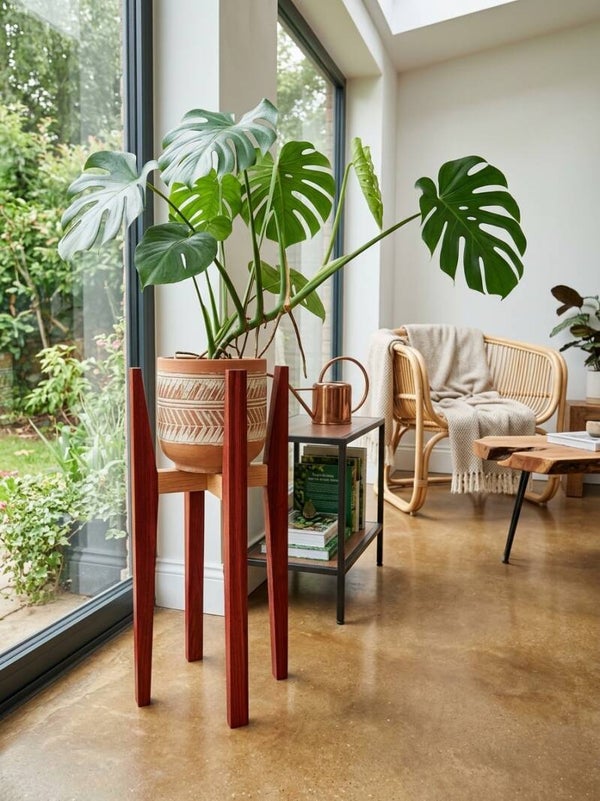 Porte-plante design en padouk et sapin — H 65 cm