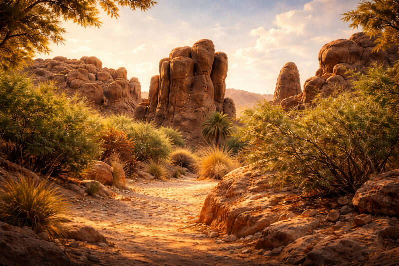 Sentiero in un wadi tra rocce e acacie al tramonto.