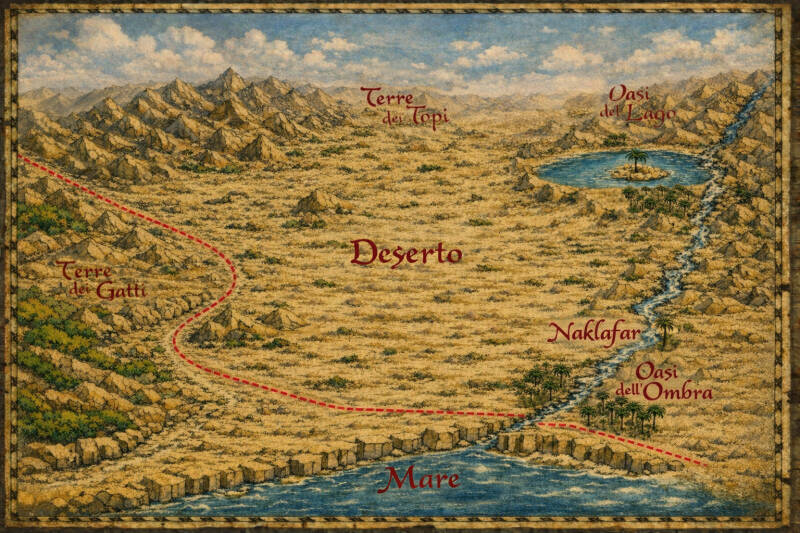 Mappa del mondo del romanzo: le Terre dei Gatti a ovest, le Terre dei Topi a nord, il Deserto al centro, la città di Naklafar e le due oasi.