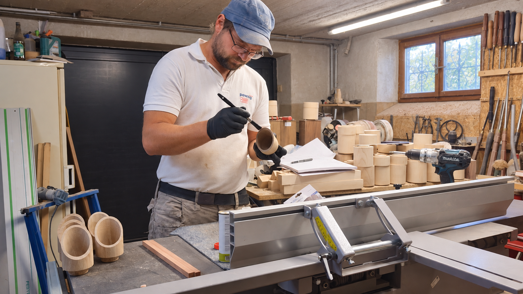 Stefan Mayer bei der Oberflächenbehandlung eines Holzgefäßes in seiner Werkstatt in Langenwang