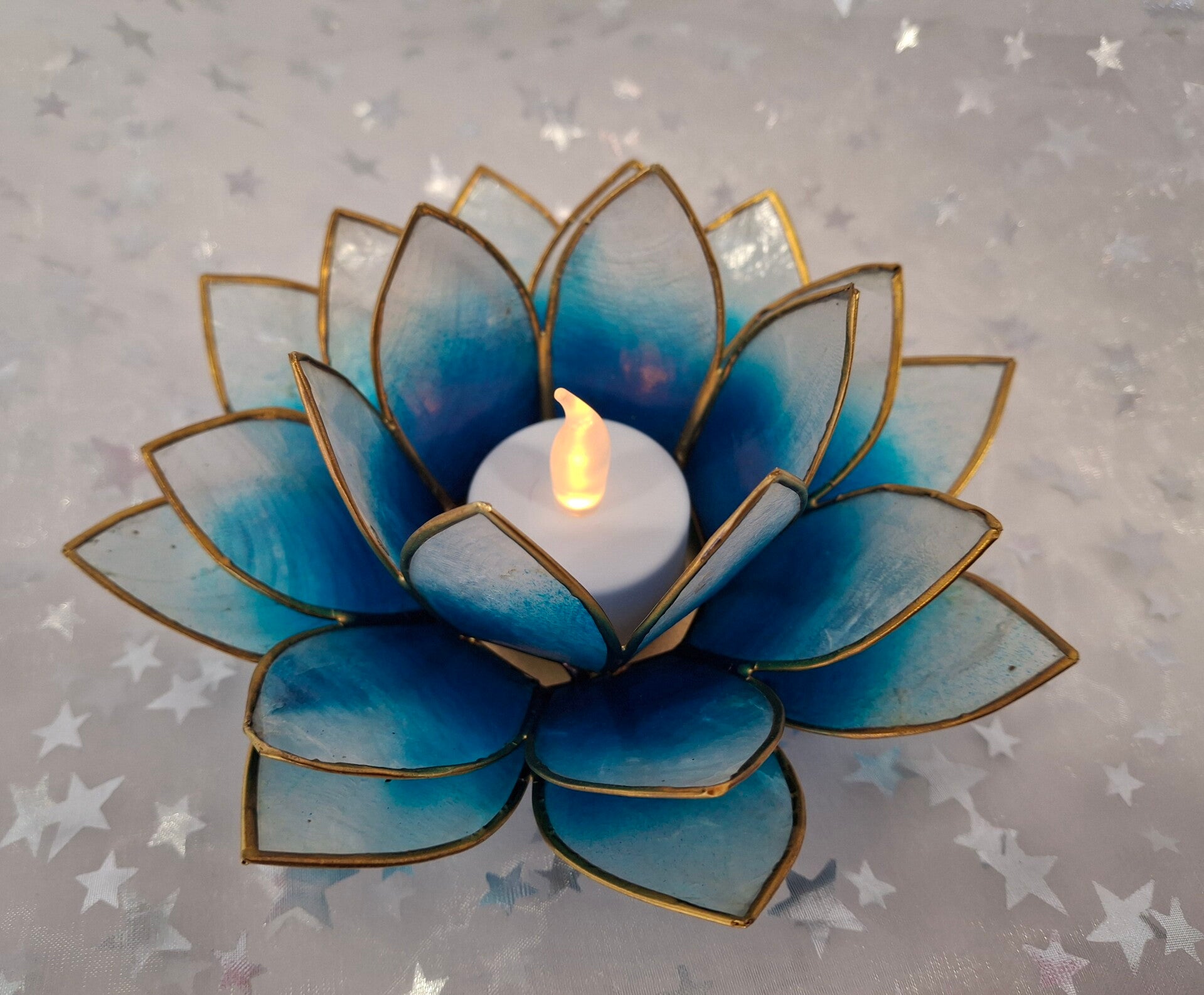 Lotus Teelichthalter blau/weiß/gold 12001