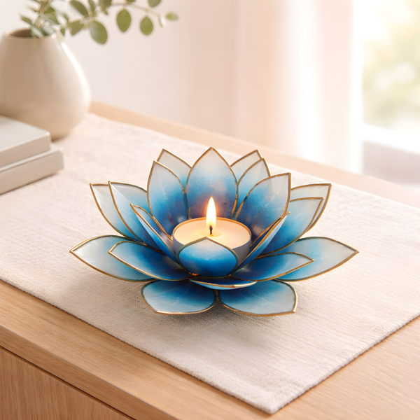 Lotus Teelichthalter blau/weiß/gold 12001