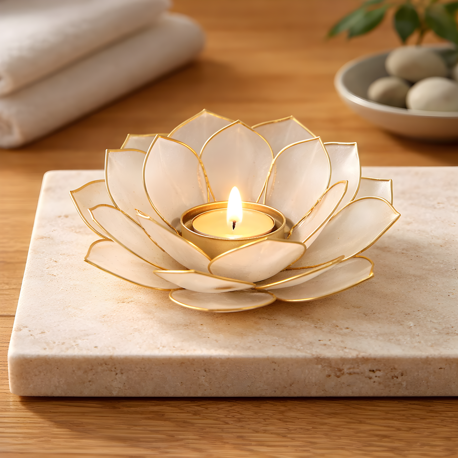 Lotus Teelichthalter weiß/gold 12001