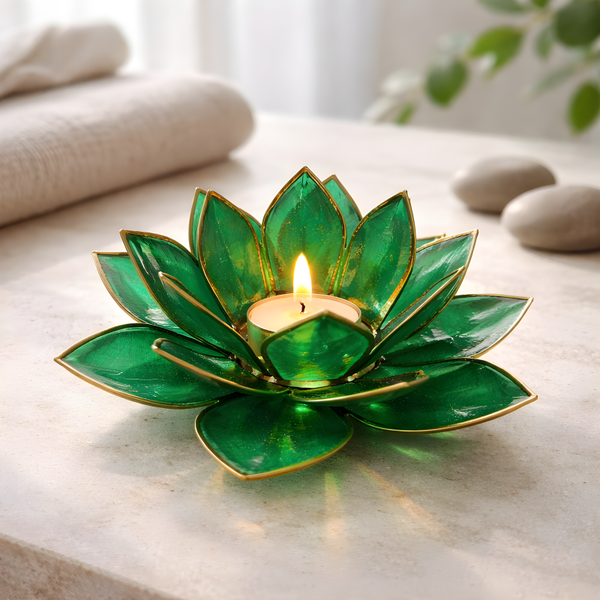 Lotus Teelichthalter grün/gold 12001
