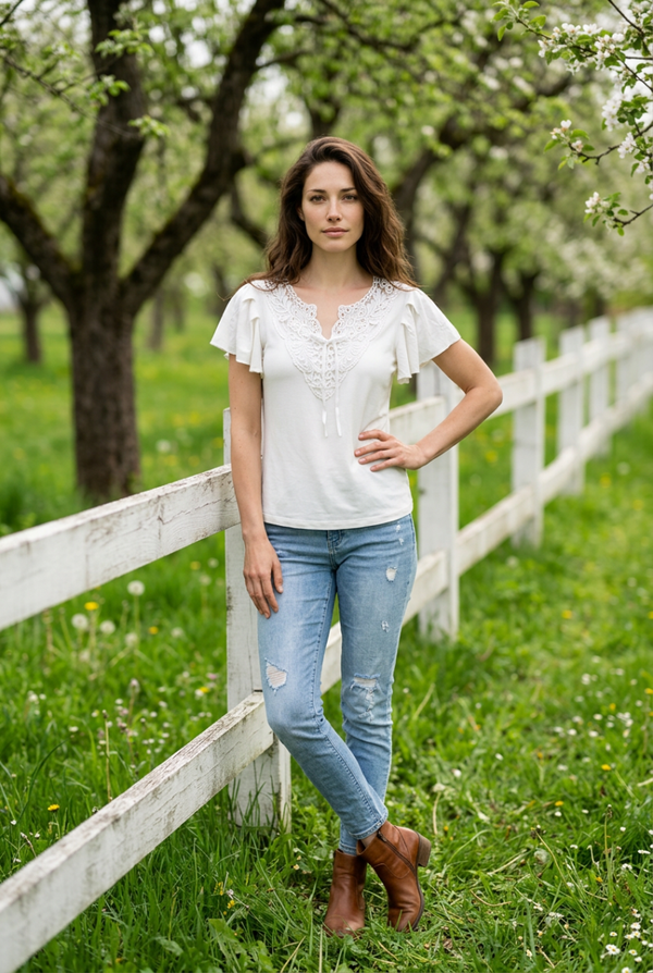 Shirt mit Spitzenbesatz und Schnürung ecru 382604