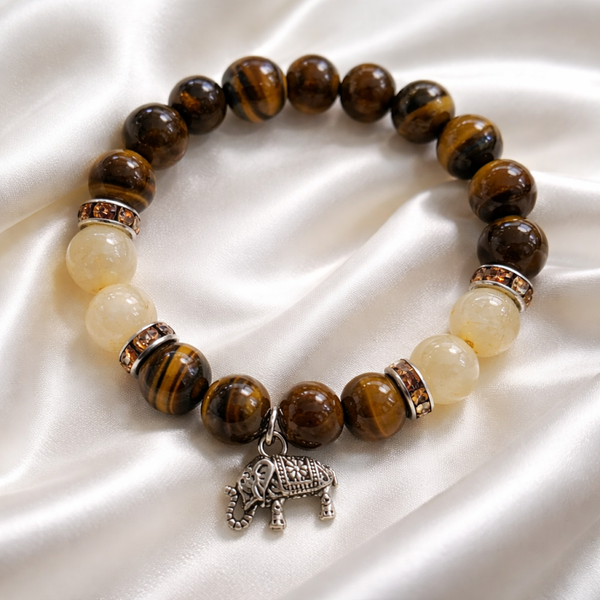 Armband Tigerauge/Rutilquarz mit Elefant 2424