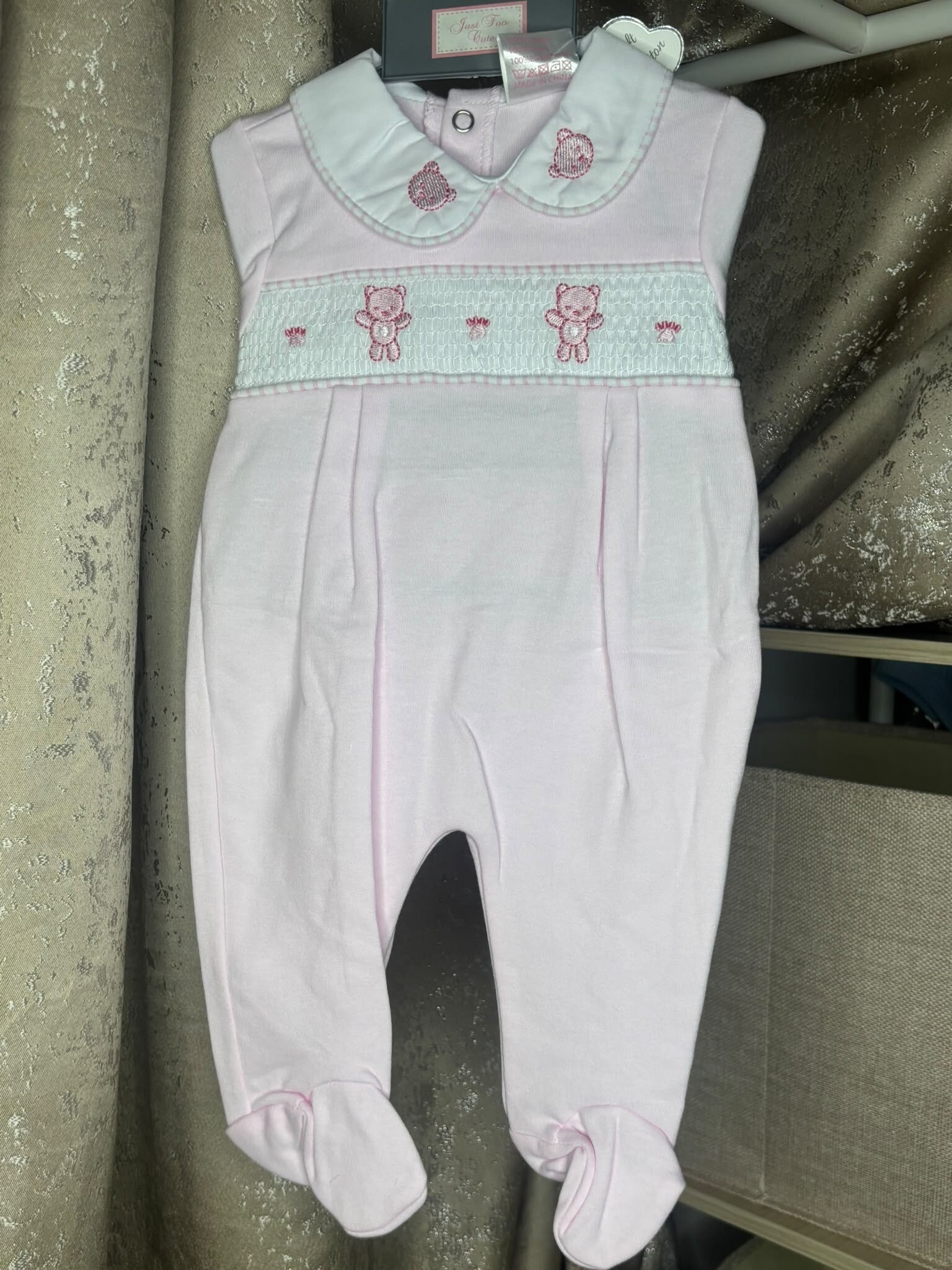 Smocked teddy sleepsuit