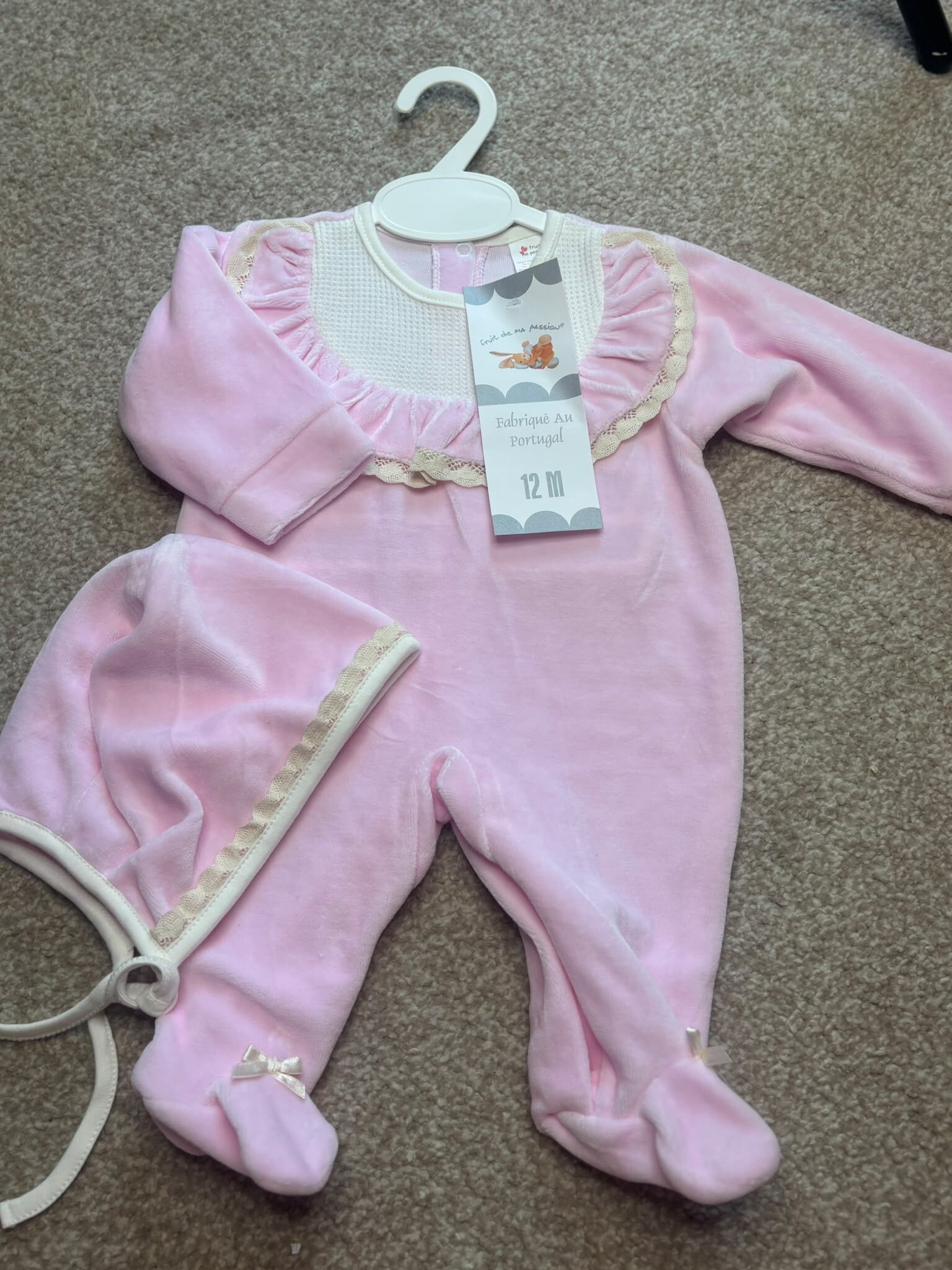 Pink and cream velour sleepsuit