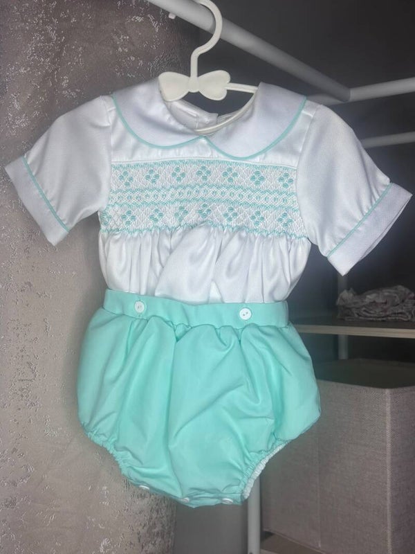Boys mint romper/shorts smocked