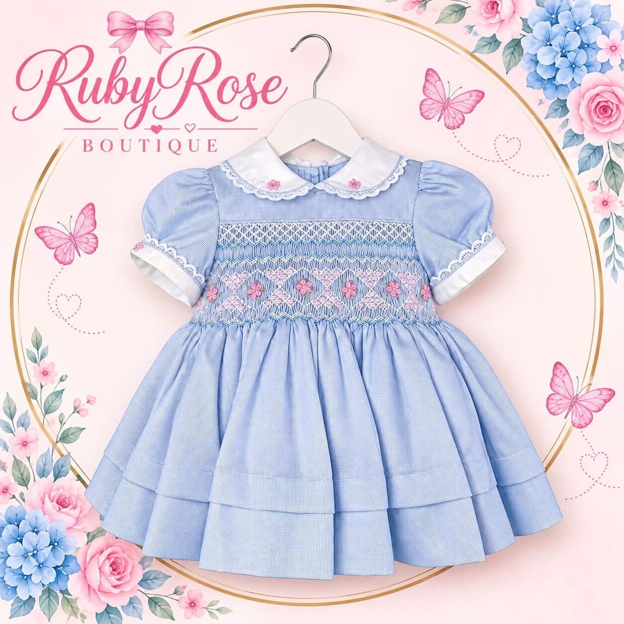 Baby blue with pink detail smocking dress