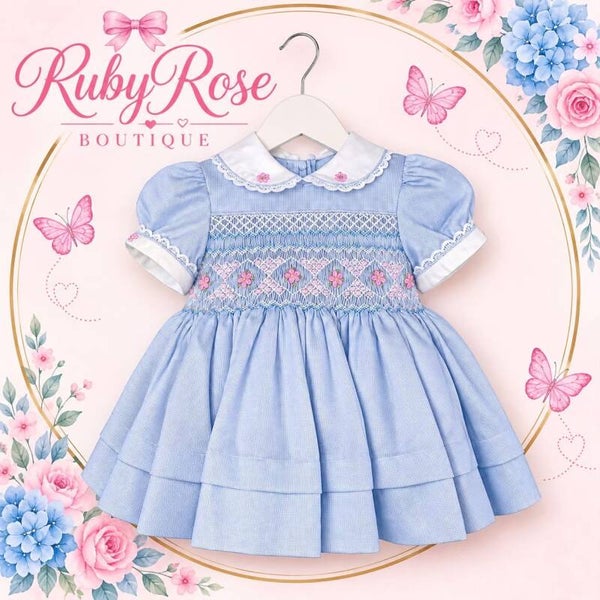 Baby blue with pink detail smocking dress