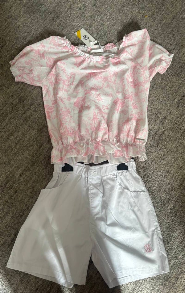 Pink and white shorts and off the shoulder top
