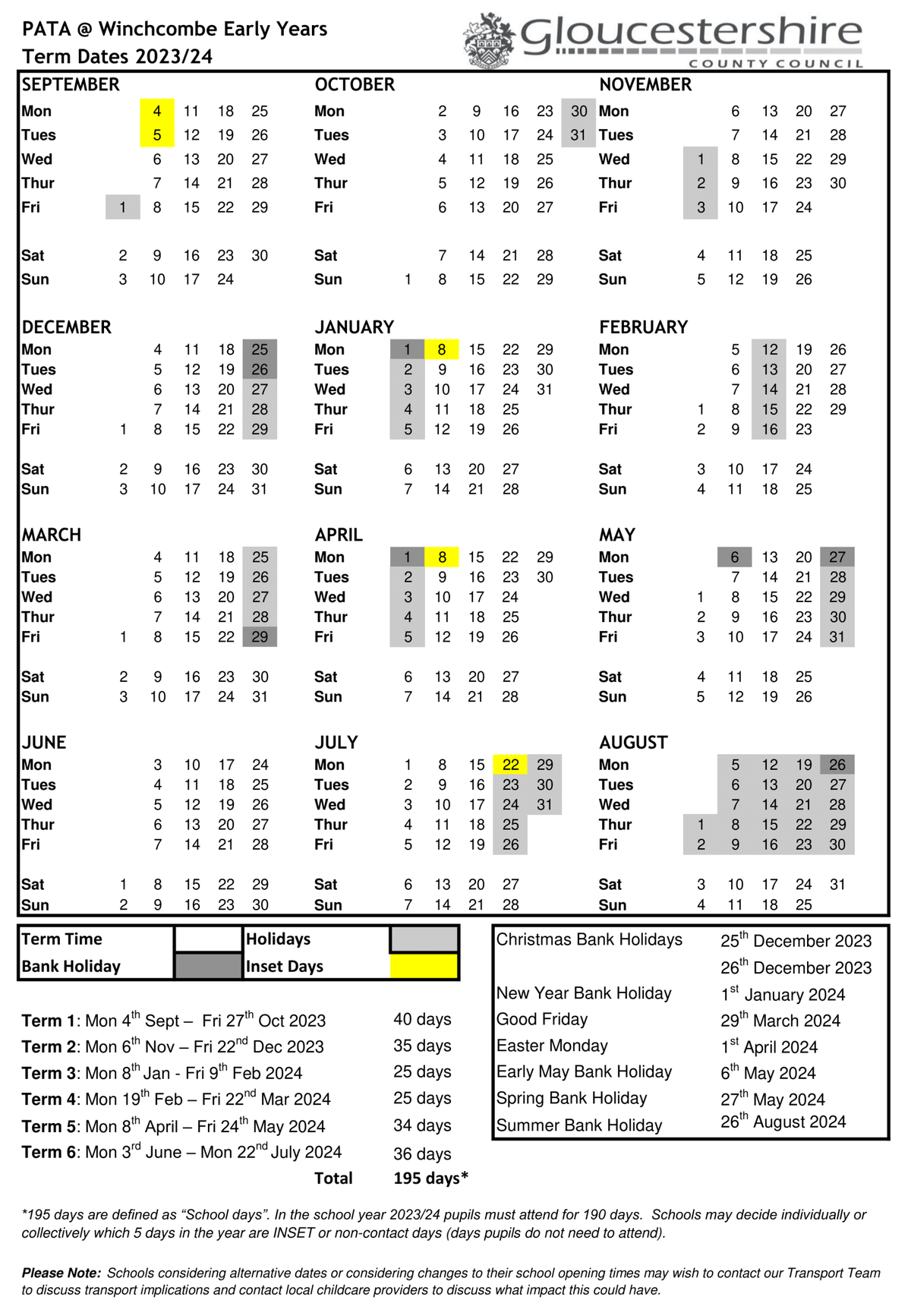 Term Dates PATA Early Years