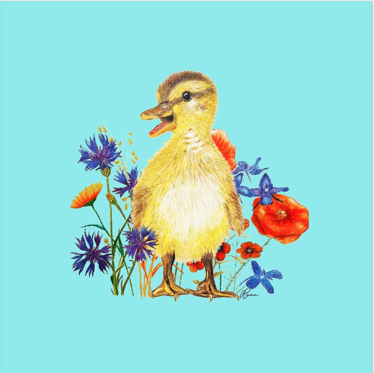 Dubbele kaart Eend tussen veldbloemen