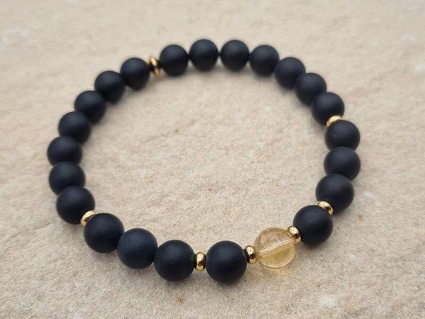 Edelstein-Armband "Golden Sun", Onyx matt mit Citrin, 24K-vergoldet