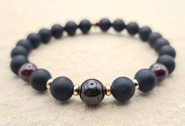 Edelstein-Armband "Pure Power", Onyx matt mit Granat, 24K-vergoldet