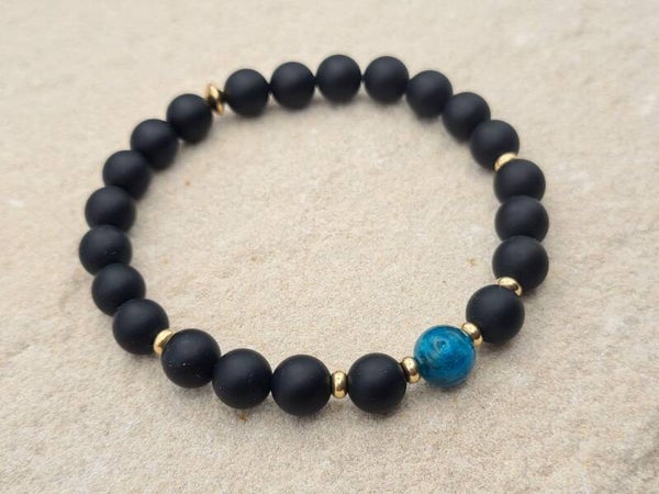 Edelstein-Armband "Conscious", Onyx matt mit blauen Apatit, 24K-vergoldet