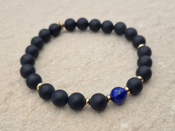 Edelstein-Armband "Open Mind", Onyx matt mit Lapislazuli, 24K-vergoldet