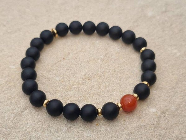 Edelstein-Armband "Confidence", Onyx matt mit rotem Aventurin, 24K-vergoldet