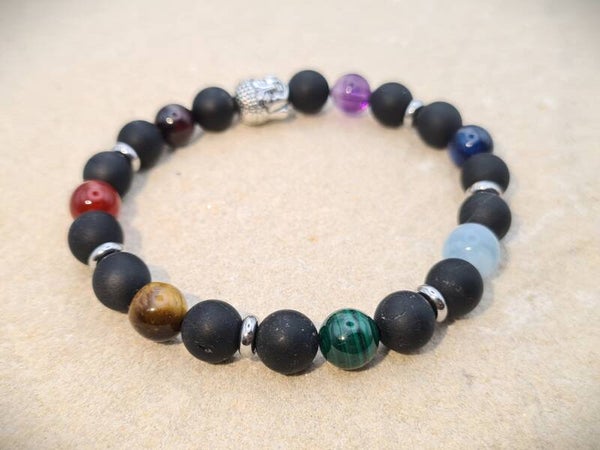 Armband "Chakra - Turmalin" mit Turmalin Schörl matt und 7 Chakra-Steinen