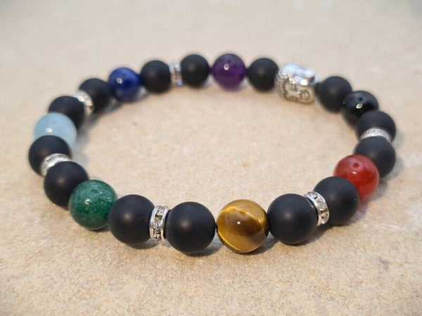 Armband "Chakra - Black Sun" mit Onyx matt und 7 Chakra-Steinen