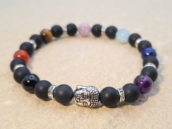 Armband "Chakra - Black Sun" mit Turmalin Schörl matt und 7 Chakra-Steinen (Kunzit)