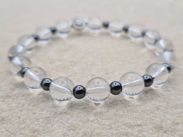 Armband "Density", Bergkristall mit Hämatit