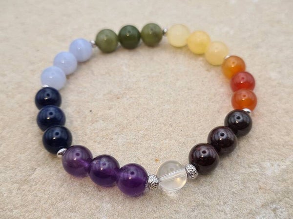 Armband "Chakra - Silvermoon", 22 Edelsteinperlen, 925er Silber rhodiniert