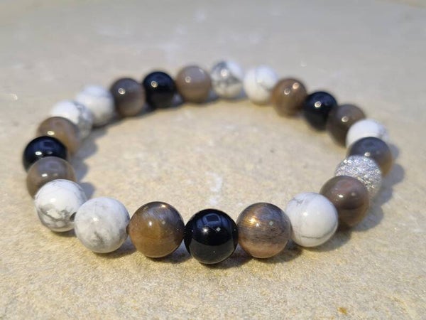 Armband "Empathy", Magnesit, Mondstein, Turmalin Schörl, 925er Silber Stardust Kugel, Ausdruck, Herz vor Kopf, Selbstliebe, Fröhlichkeit