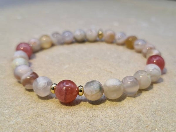 Armband "Spring Desire", Kirschblüten-Achat, Rhodochrosit, 24K-vergoldet, Erneuerung, Lust, Kreativität, Selbstliebe