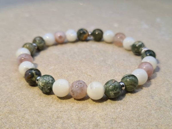 Armband "Springtime", Perlmutt, Kirschblüten Chalcedon, Regenwald Rhyolith, Erneuerung, Wachstum, Hingabe, Selbstliebe