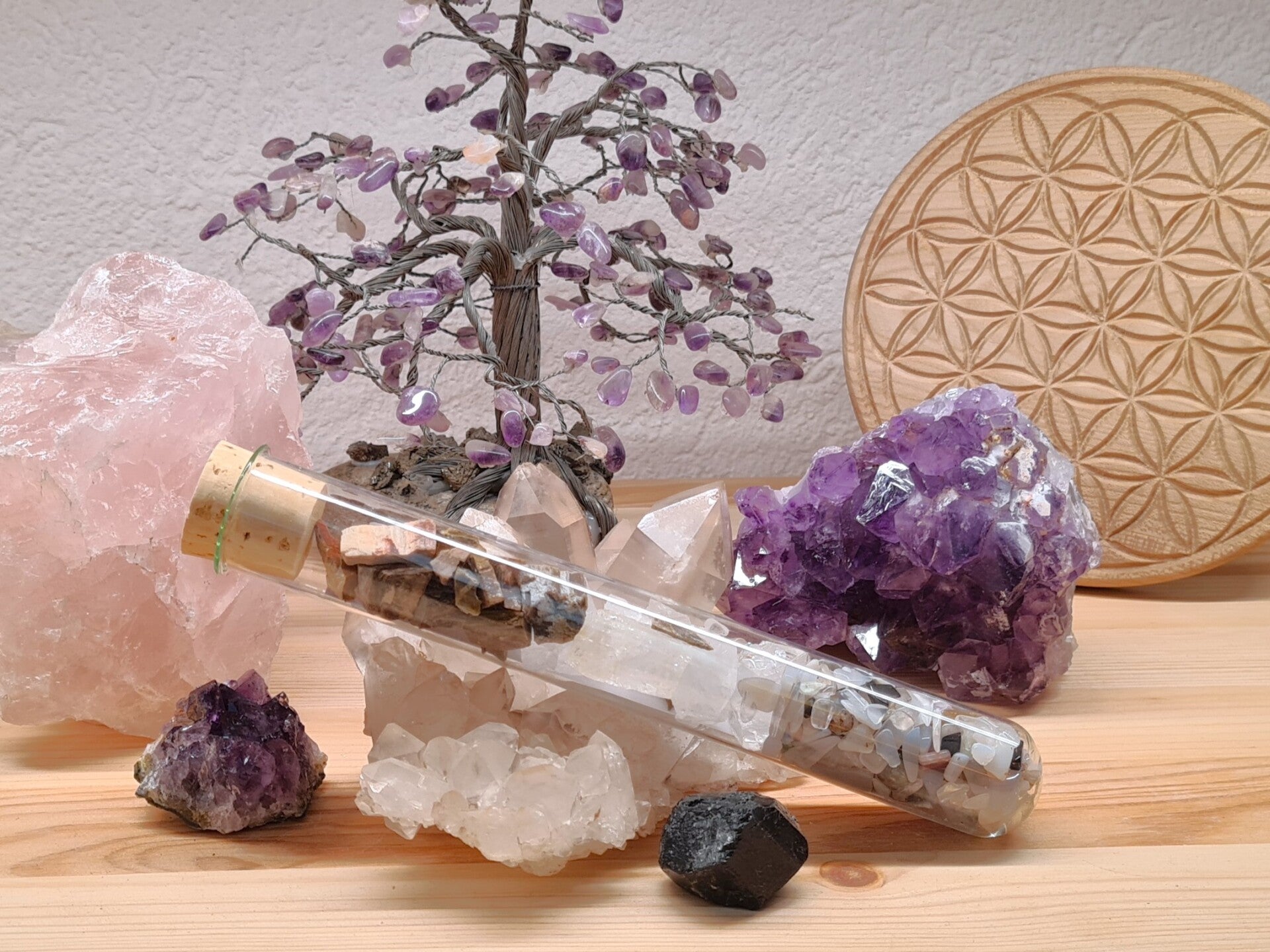 Wassersteinmischung 17 "Reife und Verständnis“, Achat, Bergkristall, versteinertes Holz, Reagenzglasmethode